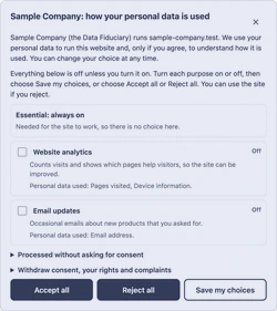 The consent banner on a test site, with Accept all, Reject all and Save my choices.