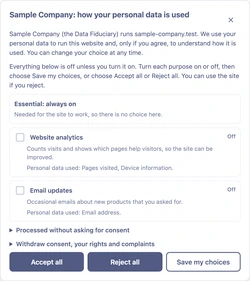 The consent banner on a test site, with Accept all, Reject all and Save my choices.