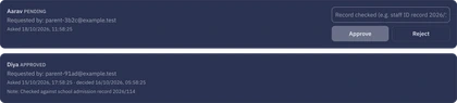 The parent verification queue with a pending and an approved test request.