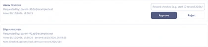 The parent verification queue with a pending and an approved test request.
