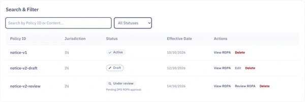The policy list of the console showing a draft, a policy under review and an active policy.