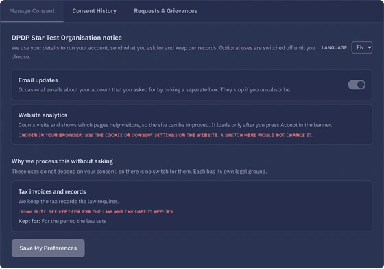 My Privacy Dashboard with the consent choices of a test visitor.