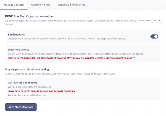 My Privacy Dashboard with the consent choices of a test visitor.